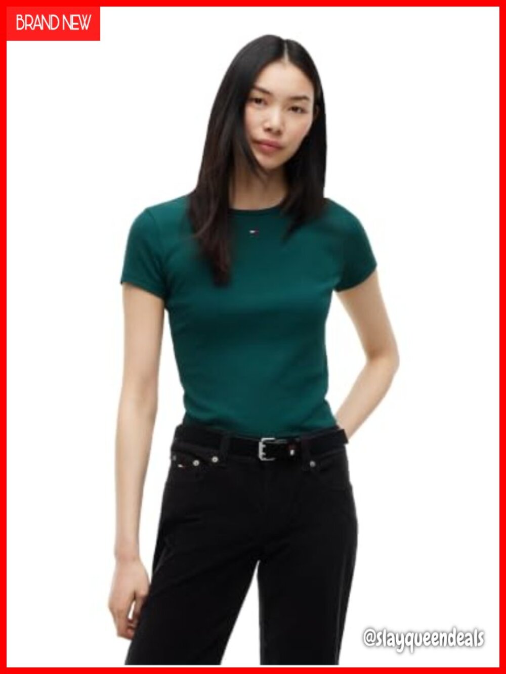 Ribbed Graphic Tee Embroidered Flag Slim Fit Cotton Blend Crew Neck